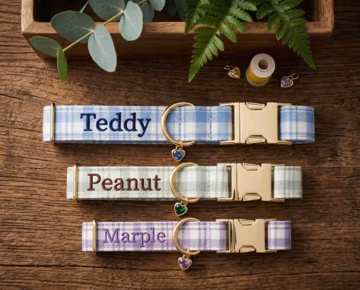 Embroidered Plaid Dog Collar, Custom Pet Collar, Personalized Puppy Collar, Plaid Dog Accessories, Pet Memorial Keepsake, Dog Birthday Gift
