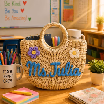 Custom Teacher Tote Bag, Personalized Embroidered Name Bag, Handmade Floral Woven Bag, Teacher Appreciation Gift, Back to School Gift