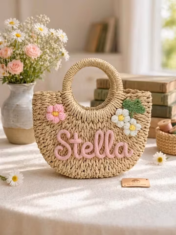 Personalized Flower Girl Proposal Gift Straw Tote Bag, Floral Crochet Summer Beach Bag