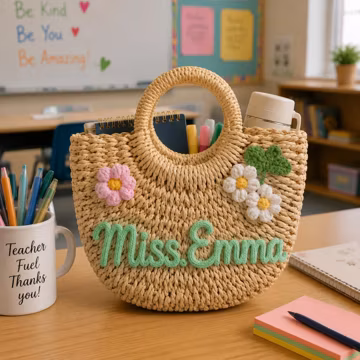 Personalized Teacher Gift, Embroidered Name Tote Bag, Teacher Appreciation Gift for Women, Handmade Floral Straw Bag, End of Year Gift