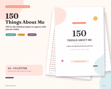 150 Things About Me Printable Journal, Fill-in-the-Blank Self-Discovery Worksheets