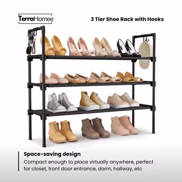 3 Tier Shoe Rack, Stackable Organizer with Hooks (27.8"W)