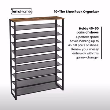 10-Tier Shoe Rack, Rustic Brown Storage Organizer (39.4"L)