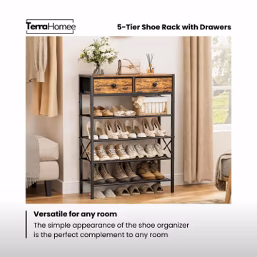 5-Tier Shoe Rack with Drawers, Metal Organizer (Rustic Brown)