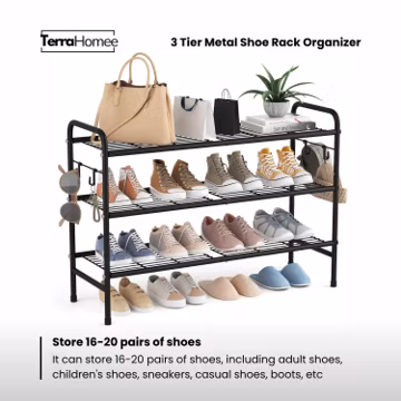 33" Wide Metal Shoe Rack, 3 Tier Organizer with Hooks