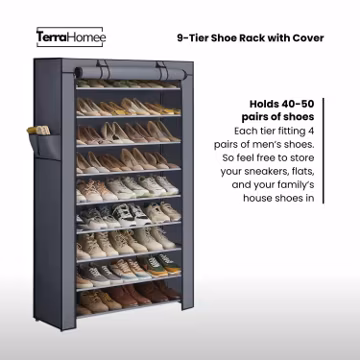9-Tier Shoe Rack with Non-Woven Cover, Grey
