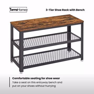 3-Tier Shoe Rack, Metal Mesh Shelves, Entryway Bench (Rustic Brown)