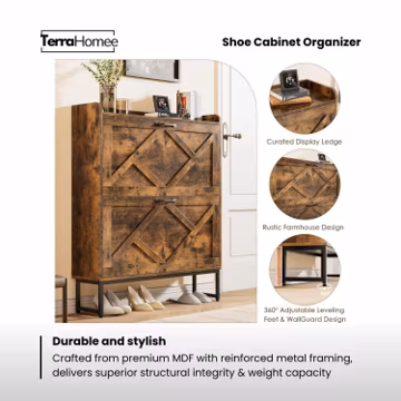 Shoe Cabinet Organizer, Rustic Brown Storage Rack (2 Flip Drawers)
