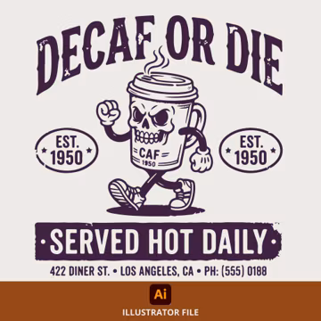 Decaf Or Die SVG Illustrator Vector File, Editable AI Graphic Commercial Use, Retro Coffee Mascot T-Shirt Design POD Download