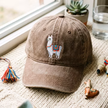 Washed Cotton Cap with Llama Embroidery – Adjustable Strap, One Size Fits Most