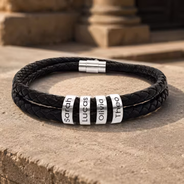 Personalized Men's Leather Bracelet with 1-4 Engraved Name Beads, Custom Gift for Dad, Husband, Boyfriend, Grandpa or Son