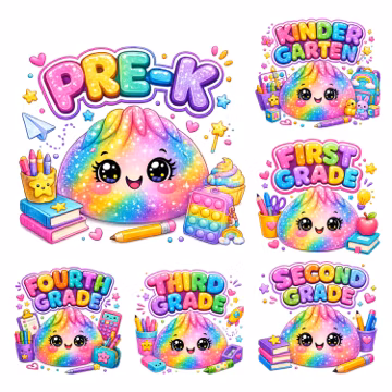 Glitter Dumpling School Bundle PNG, Kindergarten to Fourth Grade, Kawaii Back to School Shirt Design,Instant Download