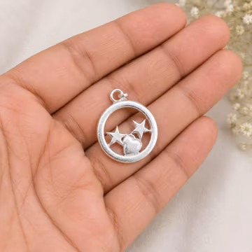 925 Sterling Silver Heart & Two Stars Pendant, Celestial Love Charm, Minimalist Round Star Necklace Charm, Dainty Gift for Her