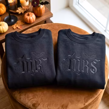 Matching Halloween Embroidered Sweatshirts, Mr and Mrs Couple Sweater, Gothic Bat Spider Design
