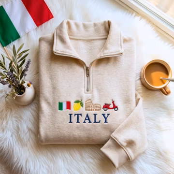 Embroidered Italy Quarter Zip Sweatshirt, Travel Souvenir, Colosseum Vespa Lemon Flag