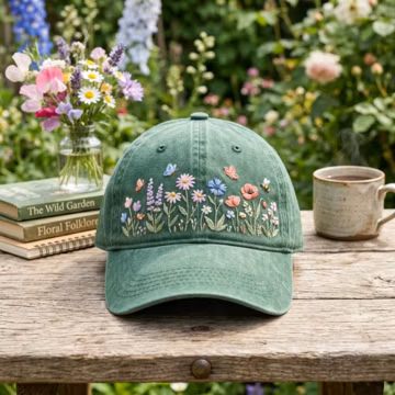 Hand Embroidered Wildflower Baseball Hat, Boho Washed Cotton Hat, Floral Cap
