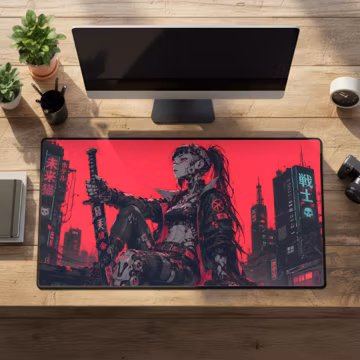 Cyberpunk Desk Mat, Red Anime Girl Large Rubber Mousepad, Stitched Edges
