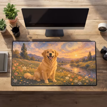 Golden Retriever Desk Mat, Large Rubber Rubber Base Desk Pad, Floral Oil Painting Mousepad
