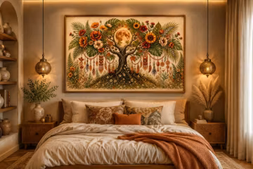 Boho Tree of Life Wall Art Print, Botanical Moon Poster, Rustic Floral Nature Decor