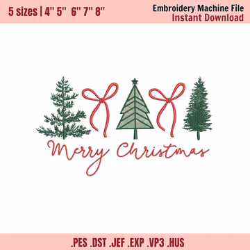 Merry Christmas Tree Embroidery Design, Three Christmas Trees Machine Embroidery File, Holiday Bow Tree Embroidery Pattern, 5 sizes