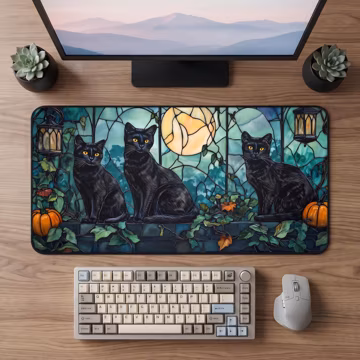 Stained Glass Black Cats Desk Mat | Moonlit Botanical Scene