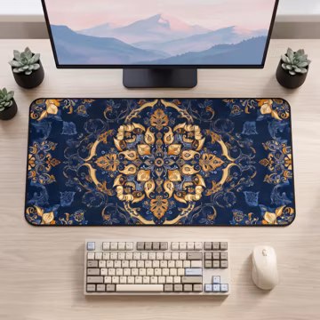 Navy Gold Baroque Mandala Desk Mat | Ornate Floral Pattern Mouse Pad