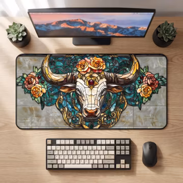 Boho Floral Bull Skull Desk Mat | Southwestern Cow Skull Deskpad