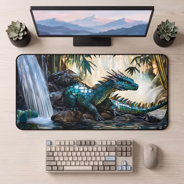 Emerald Mosaic Dragon Desk Mat | Fantasy Lizard Artwork, Waterfall Scene