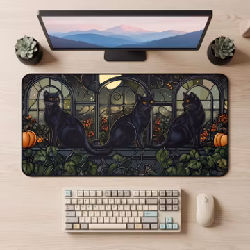 Stained Glass Black Cats Desk Mat | Moonlit Window, Ivy Accents