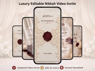Animated Muslim Nikkah Video Invite, Editable Canva Template, Ivory & Burgundy Islamic Wedding Mobile Evite