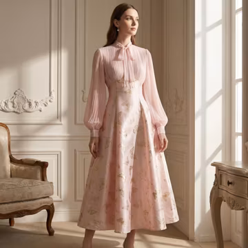Butterfly Print Midi Dress: Long Sleeve, Tie-Neck, Vintage Style