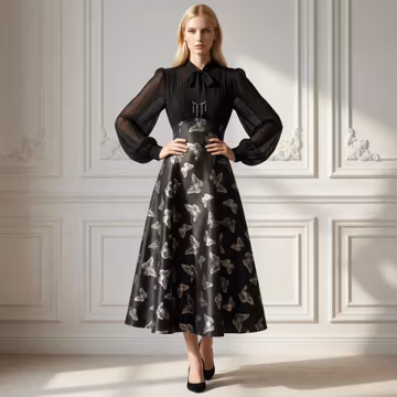 Butterfly Print Midi Dress: Long Sleeve, Tie-Neck, Vintage Style