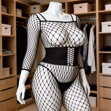 Fishnet Bodysuit, Off Shoulder with Corset Waist and Thong Crotch, Intimate Apparel