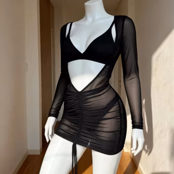 Fantasy Mesh Mini Dress, Long Sleeve Style with Midriff Cut Outs, Ruched Skirt Clubwear