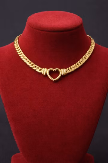 Gold Heart Cuban Link Choker, Stainless Steel Statement Necklace, Non-Tarnish Jewelry