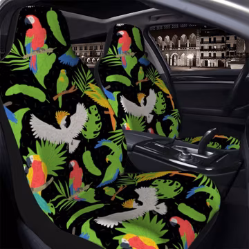 Parrot Folk Art Car Seat Covers Black Background Tropical Paisley Interior Auto Decor (2 PACK)