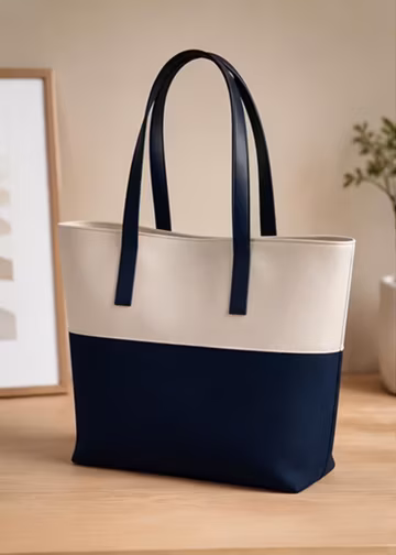Large Leather Tote Bag for Women Two Tone Navy Cream Shoulder Bag Work Laptop Minimalist Everyday Purse Gift for Her