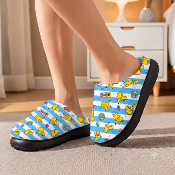 Pikachu Kids Slippers, Yellow Cartoon Shoes, Warm Winter Plush Flats, Cute PKM Style Indoor Shoes for Girls Boys Women