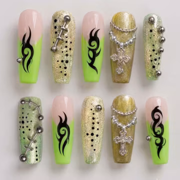 Tribal Cross Press On Nails | Neon Green Y2K Goth Nails | Chrome Cross Piercing Nail Set | Handmade Alt Grunge Nails
