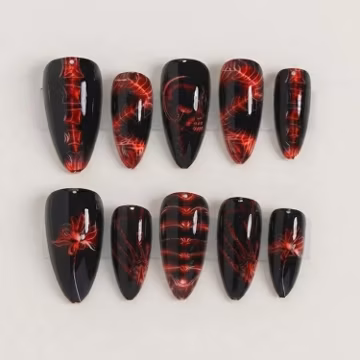Red Skeleton Press On Nails | Gothic Horror Nail Set | Black Skull Bone Nails | Spooky Halloween Handmade Gel Nails