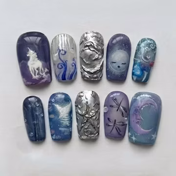Mystic Ocean Press On Nails | Moon Whale Unicorn Nails | Celestial Fantasy Nail Set | Blue Purple Handmade Press On Nails