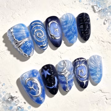 Blue Seashell Press On Nails | Moon & Star Ocean Nails | Coastal Mermaid Nail Set | Handmade Celestial Press On Nails