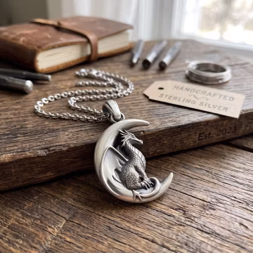 Sterling Silver Dragon Moon Pendant Necklace, Gothic Fantasy Jewelry