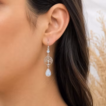 Moonstone Earrings, Tree of Life Earrings, Silver Plated Brass Gemstone Jewelry, Boho Dangle Earrings
