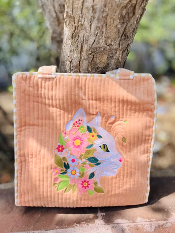 Multicolor Quilted velvet Tote Bag , special Cat Embroidery