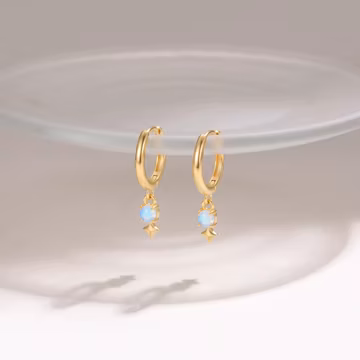 Sterling Silver Opal Star Huggie Earrings, Celestial Charm Hoops, Dainty Jewelry Gift for Her, Everyday Drop Earrings