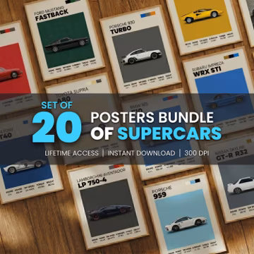 Set of 20 Automotive Wall Art Prints | Car Poster Bundle | Supercar, JDM, Hypercar, Classic Car Artwork | Garage Wall Art | Digital Download