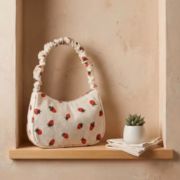 Strawberry Print Shoulder Bag, Ruched Handle, Y2K Mini Purse, Cottagecore Tote