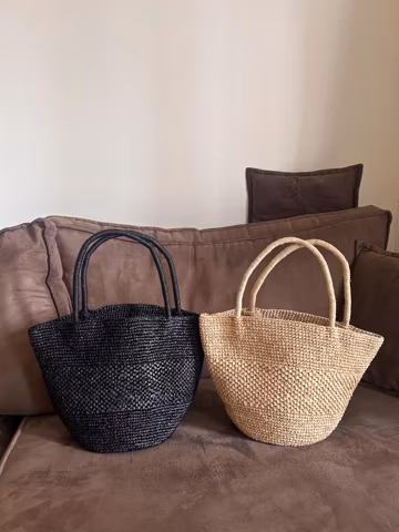 Handwoven Black Raffia Tote Bag, Large Minimalist Beach Basket Purse