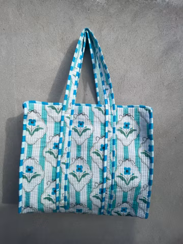 Quilted Cotton Tote Bag | Blue Floral Shoulder Bag, Lightweight Everyday Use
